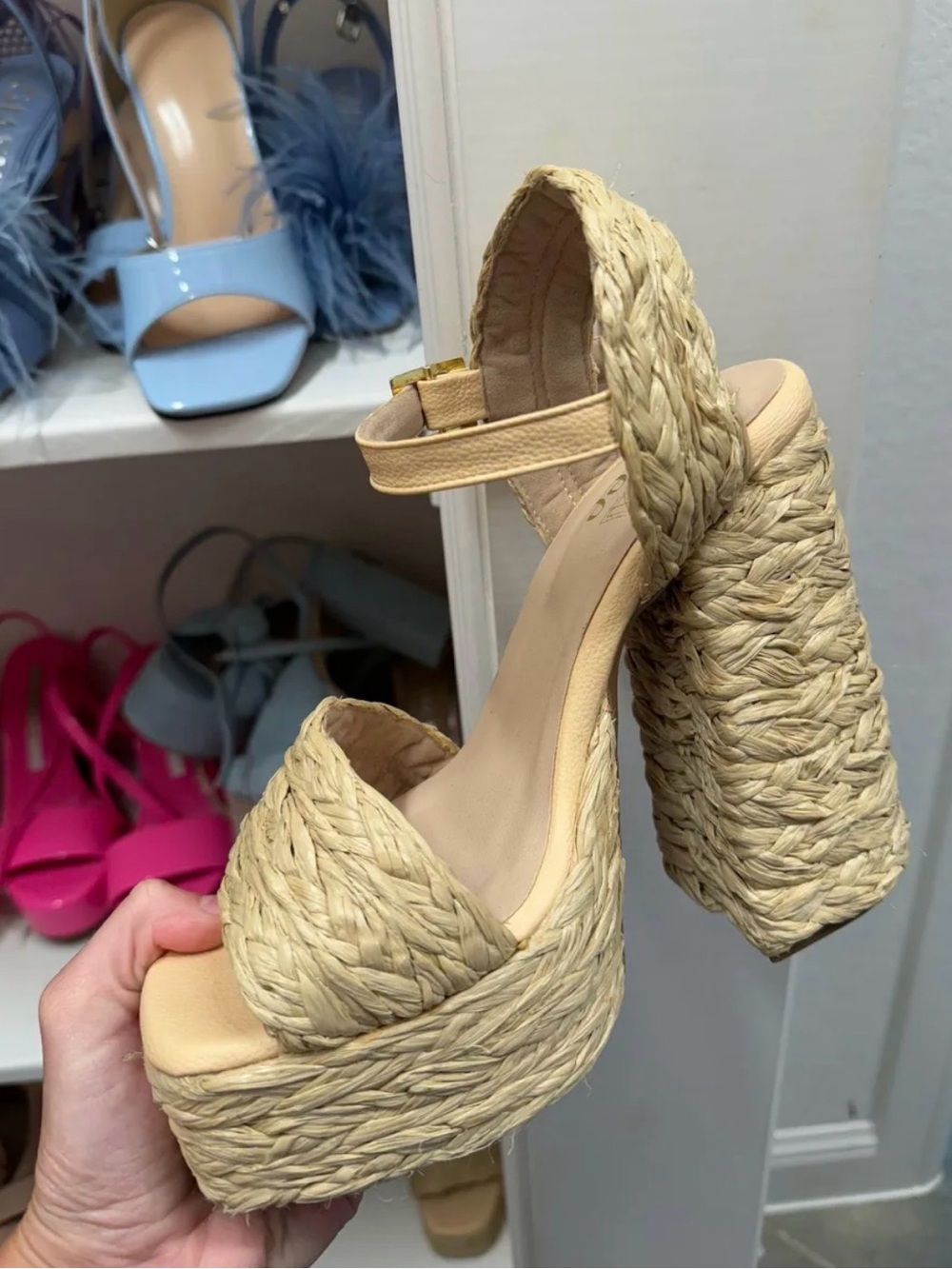 Natural Woven Platform Block Heel Sandals - Beige